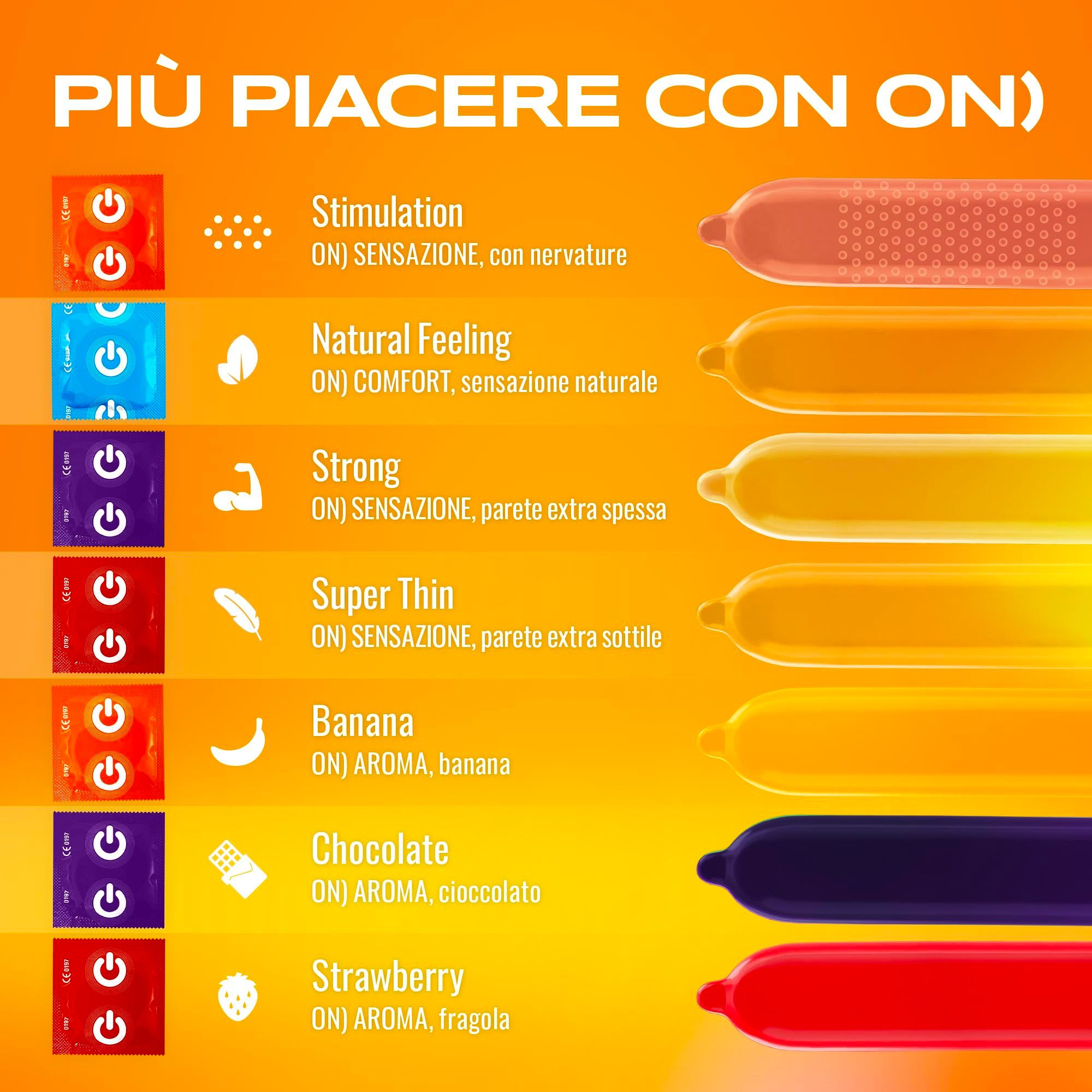 Condooms: Stimulation, Natural Feeling, Strong, Super Thin, Banana, Chocolate, Strawberry.