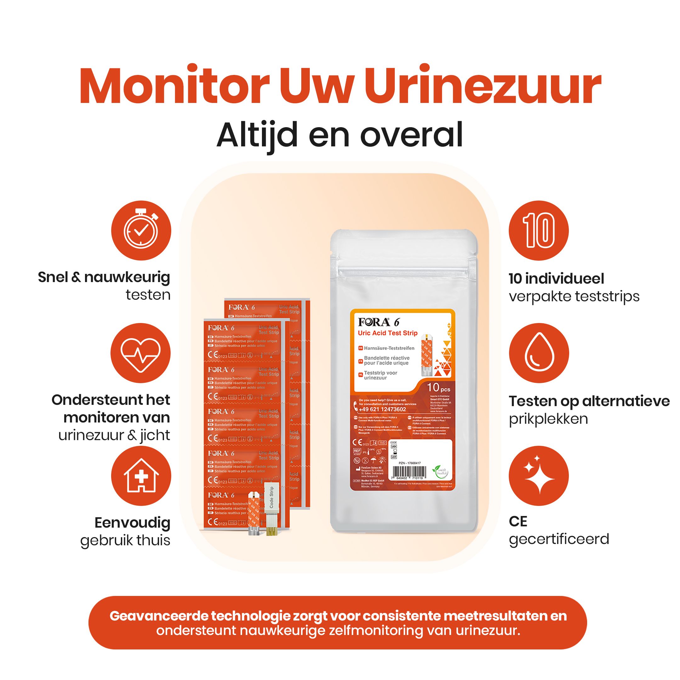 Afbeelding met tekst: 'Monitor Uw Urinezuur'. Verpakking strips, individuele strips, iconen.