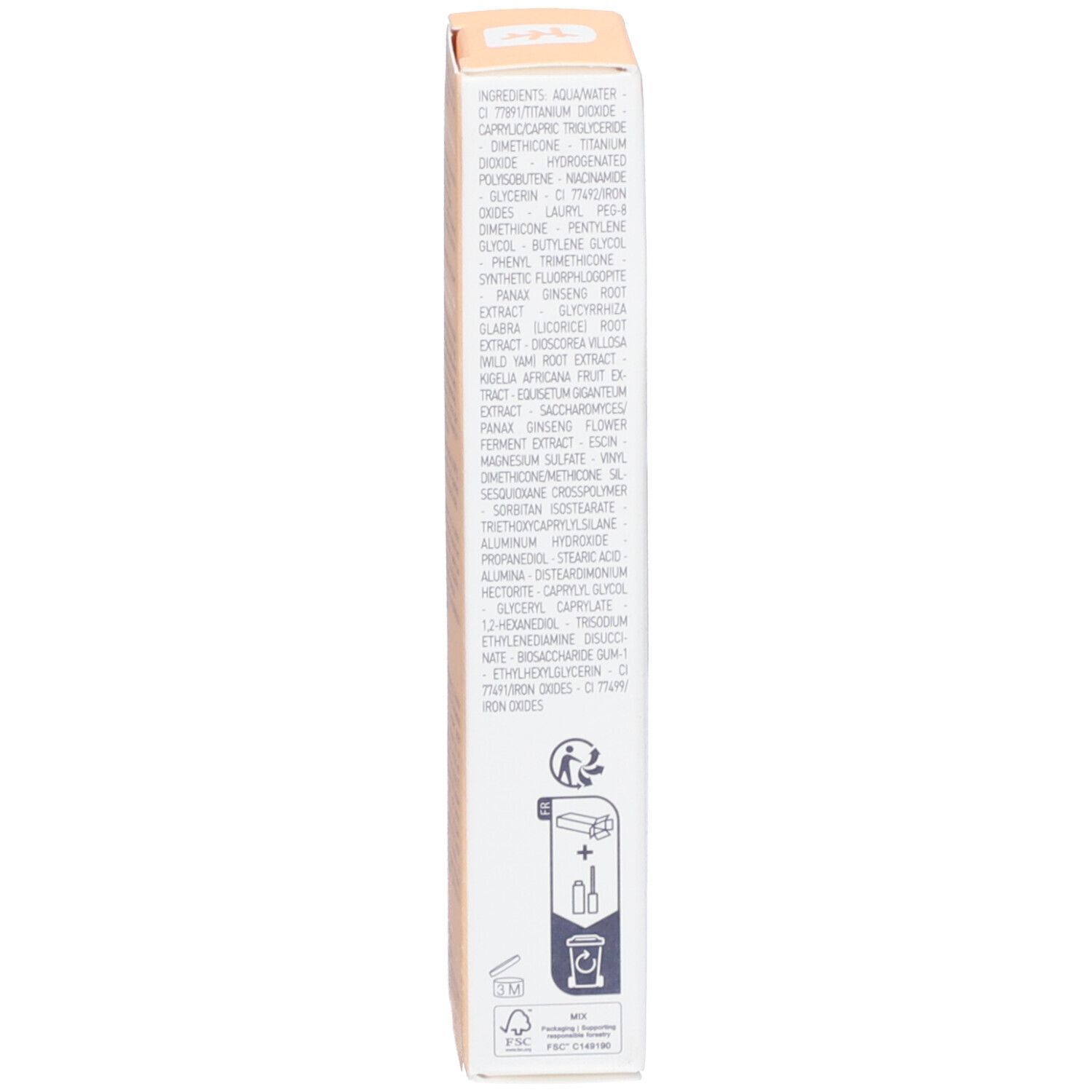 Côté de l'emballage avec ingrédients et instructions. Texte multilingue. Symbole de recyclage.