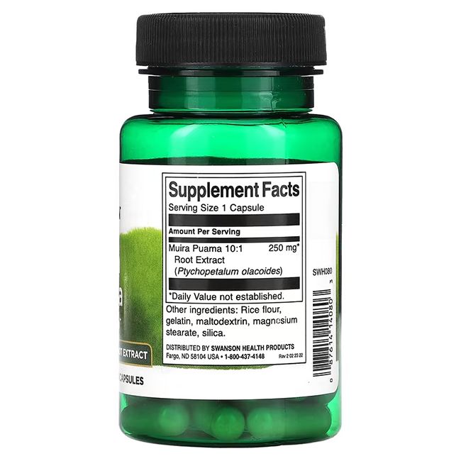 Dos d'un flacon vert de gélules. Inscription: Supplement Facts, Muira Puama 10:1, 250 mg, Root Extract, ingrédients, Swanson Health Products.