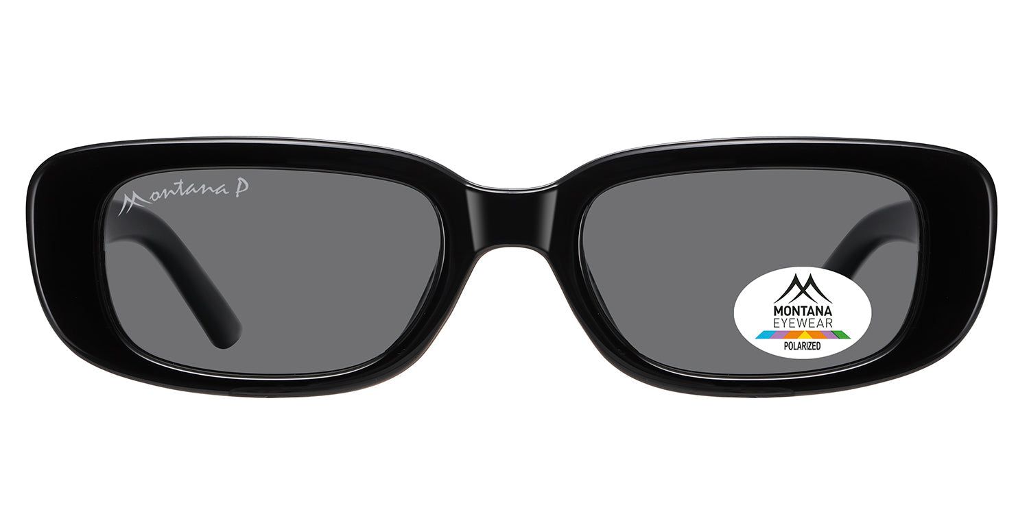 Lunettes de soleil noires avec verres rectangulaires. Logo Montana Eyewear sur la lentille et la branche. Verres polarisés.