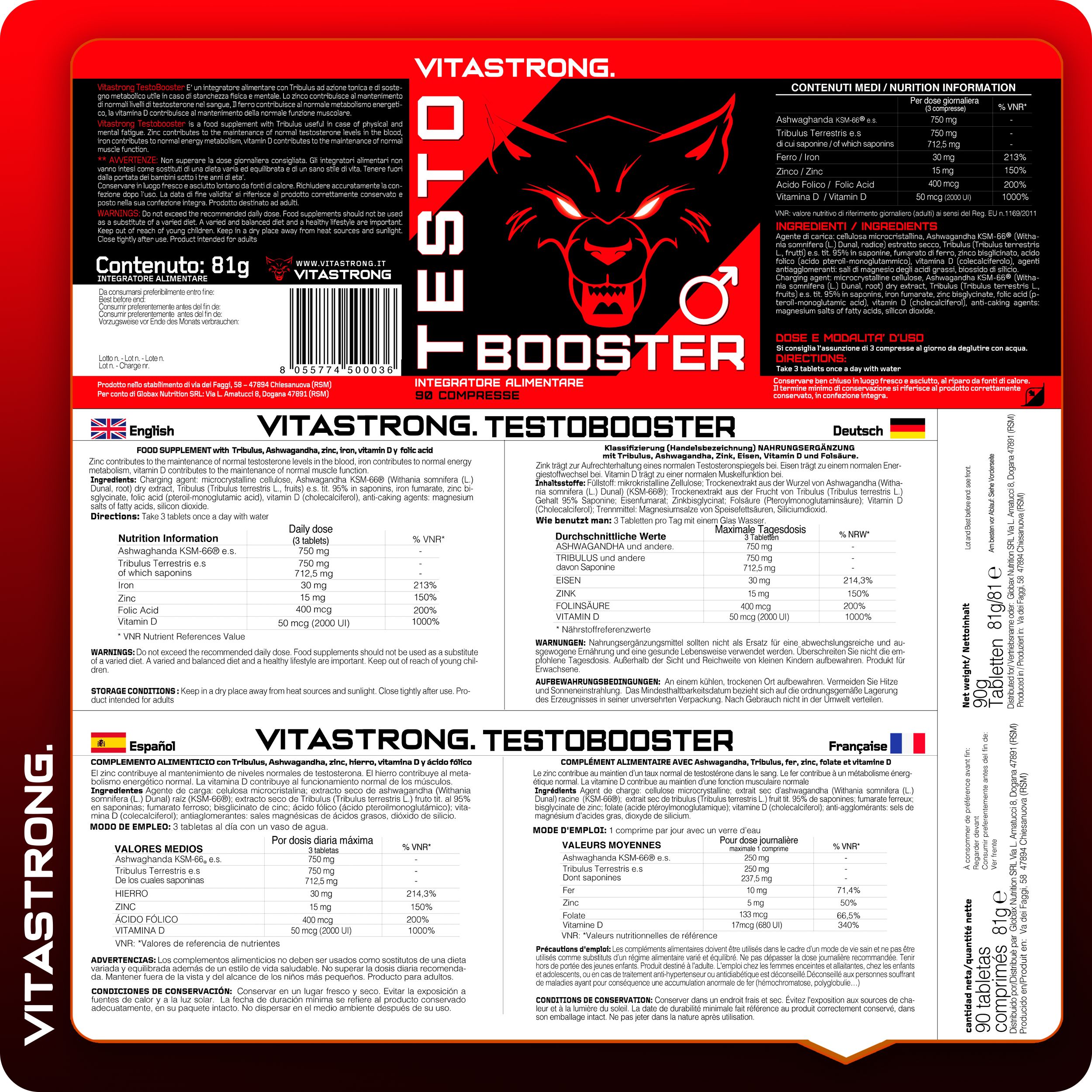 Vitastrong Testobooster, 90 comprimés, en flacon. Informations produit et valeurs nutritionnelles.