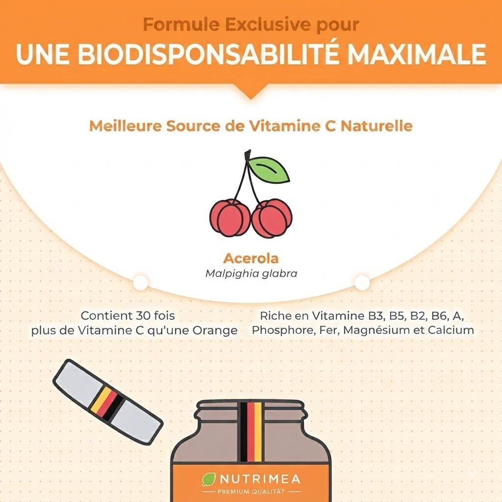 Flacon d'extrait d'acérola, riche en vitamine C. Contient des vitamines B, du phosphore, du fer, du magnésium et du calcium.