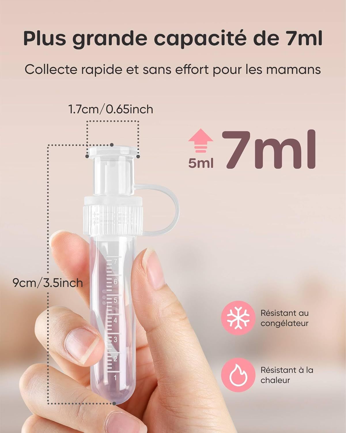 Un récipient de 7ml avec échelle graduée, 9cm de long, 1.7cm de large. Résistant à la chaleur et au congélateur.