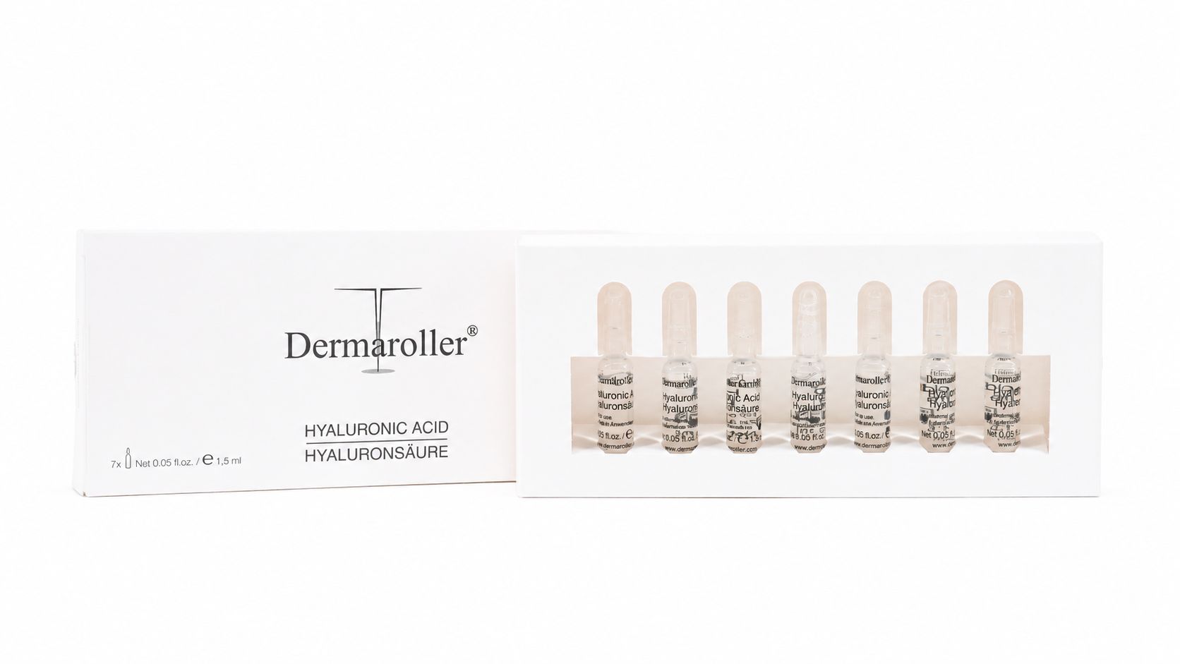 Ampoules Dermaroller Hyaluron dans un pack de 7, présentées dans une boîte blanche.