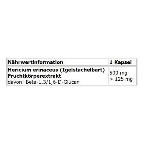 Gros plan des informations nutritionnelles. Texte: Hericium erinaceus (Hydne hérisson) 500 mg, dont Bêta-1,3/1,6-D-glucane > 125 mg.