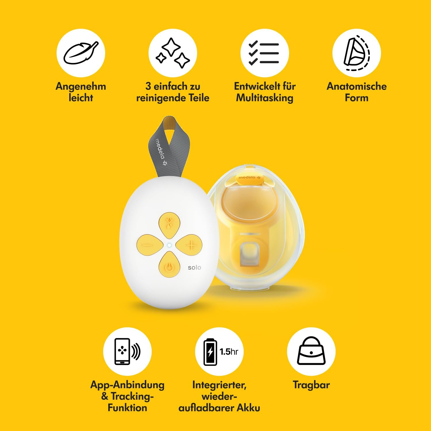 Borstkolf met gele elementen. Bedieningspaneel, transparante behuizing. Tekst: 3 delen, multitasking, anatomische vorm, app, batterij.