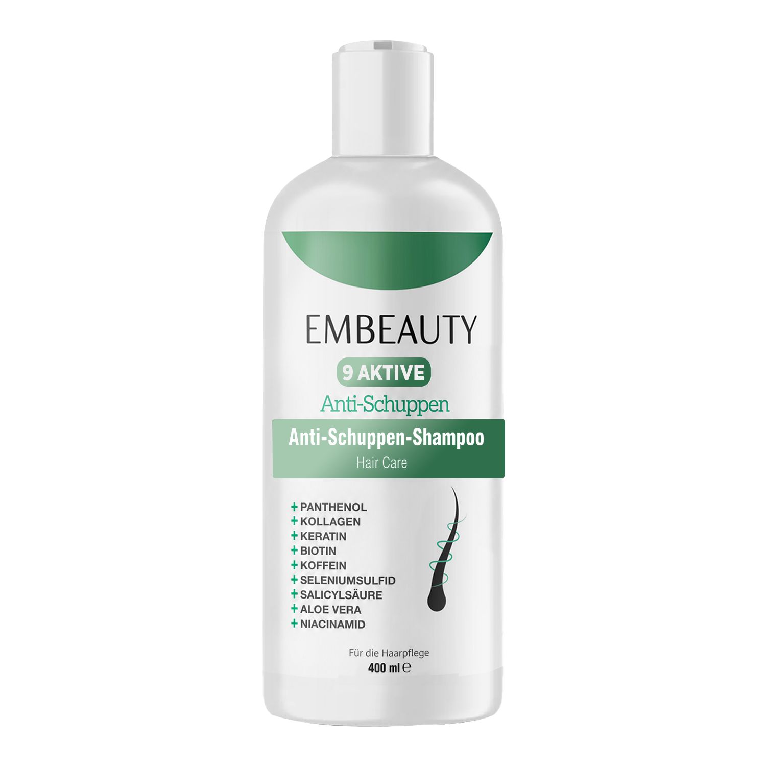 Witte fles met groen etiket voor anti-roos shampoo. Bevat Panthenol, Collageen, Keratine, Biotine, Cafeïne, Seleniumsulfide, Salicylzuur, Aloë Vera, Niacinamide. 400 ml.
