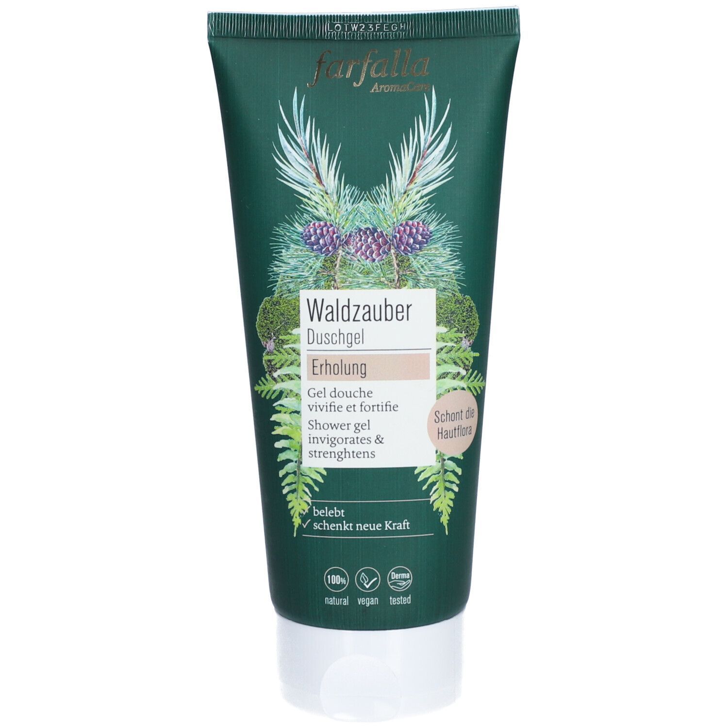 Groene tube met witte dop. Opschrift: Waldzauber Duschgel, Erholung. Farfalla logo. Met bloemen design.