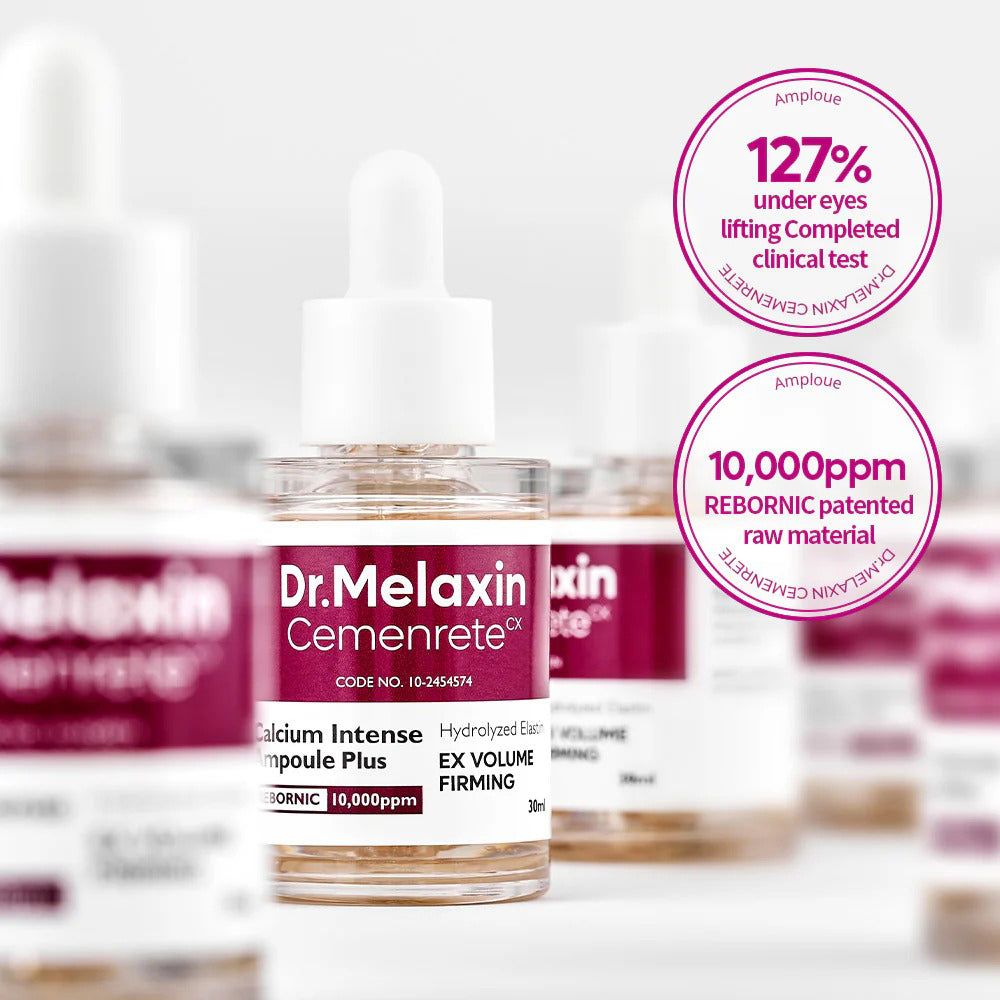 Plusieurs ampoules Dr. Melaxin Cemenrete, une au centre, avec des indications sur les tests cliniques et les ingrédients.