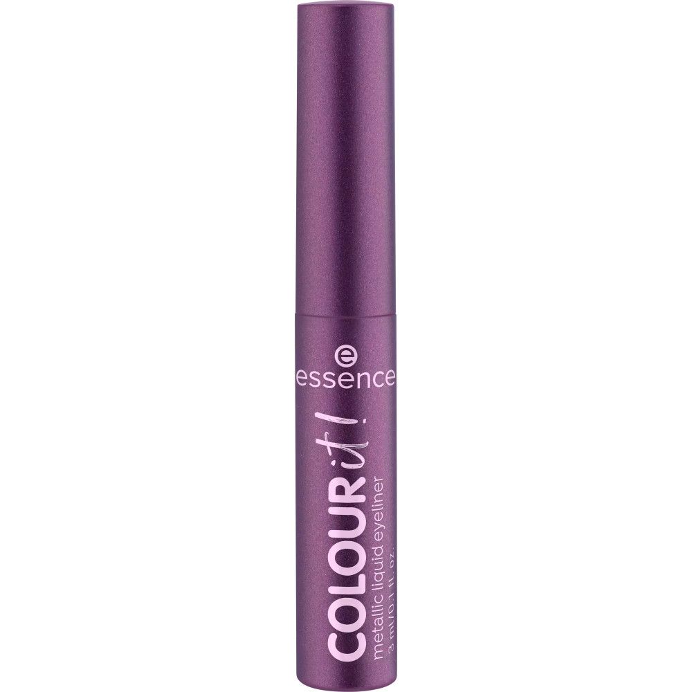 Flacon d'eyeliner liquide violet. Nom du produit : Colour it! Metallic Liquid Eyeliner. Marque : essence.