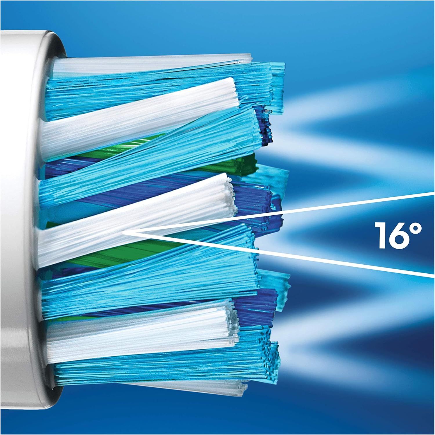 Gedetailleerde weergave van de borstelharen van een Oral-B CrossAction opzetborstel, 16° hoek.