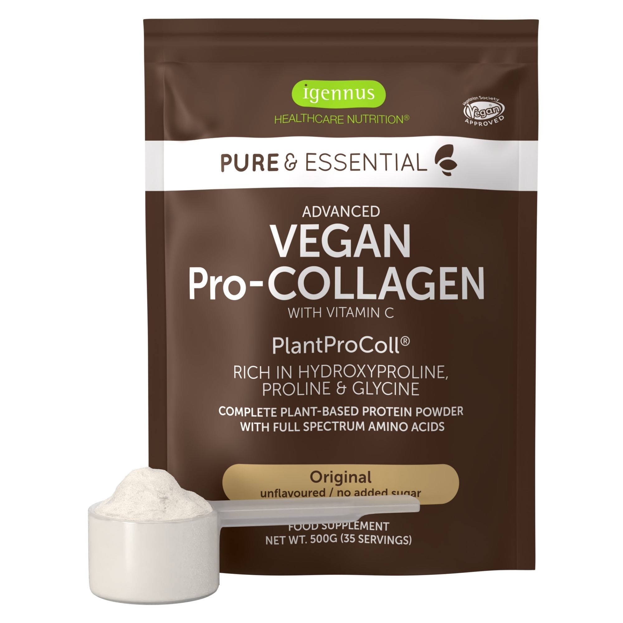 Paquet de poudre de collagène végétalienne avec cuillère doseuse, logo 'Igennus' et inscription 'Vegan Pro-Collagen'.