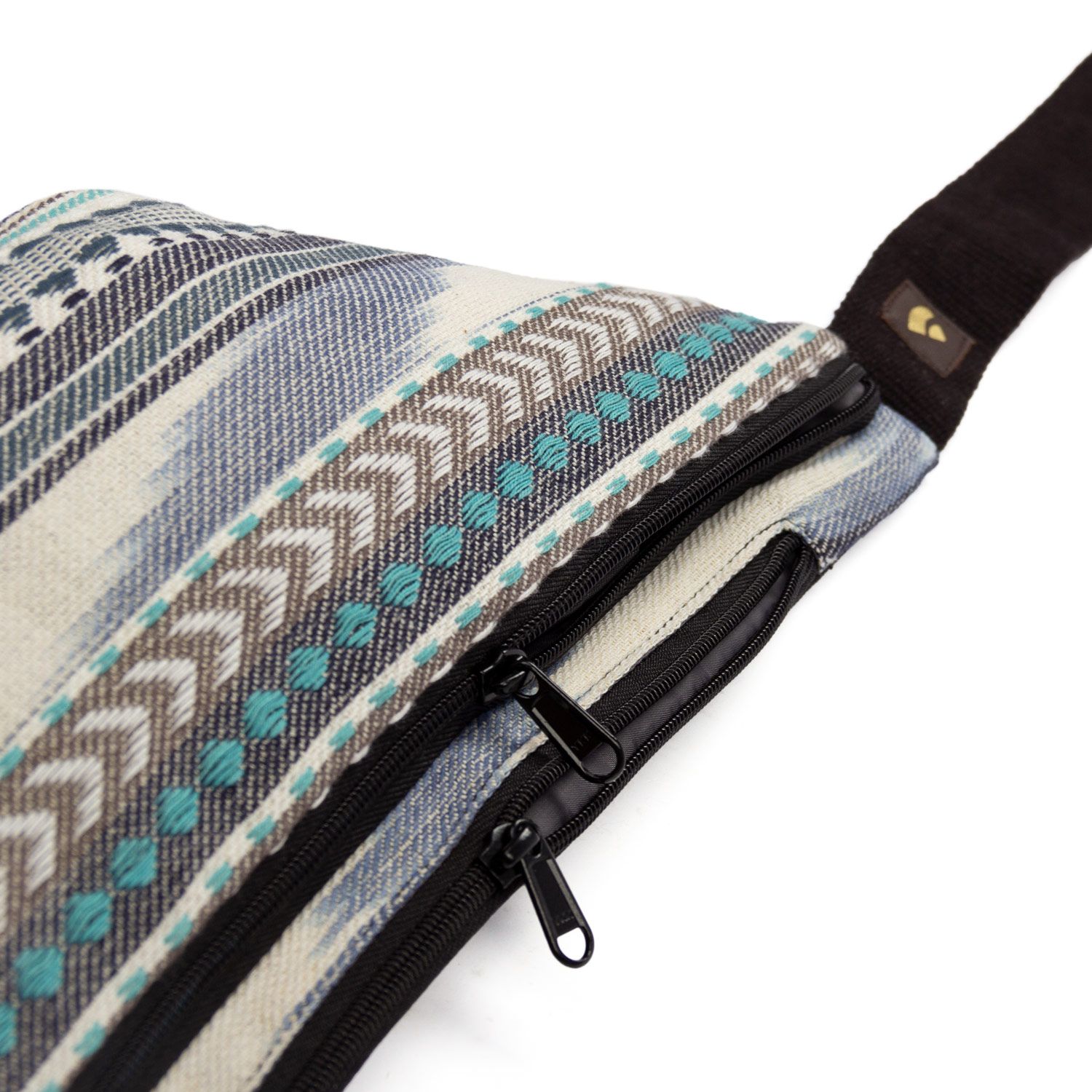 bodhi Collection ETHNO : Sac banane en tissu ikat, à motifs noir-blanc-bleu, sac à bandoulière