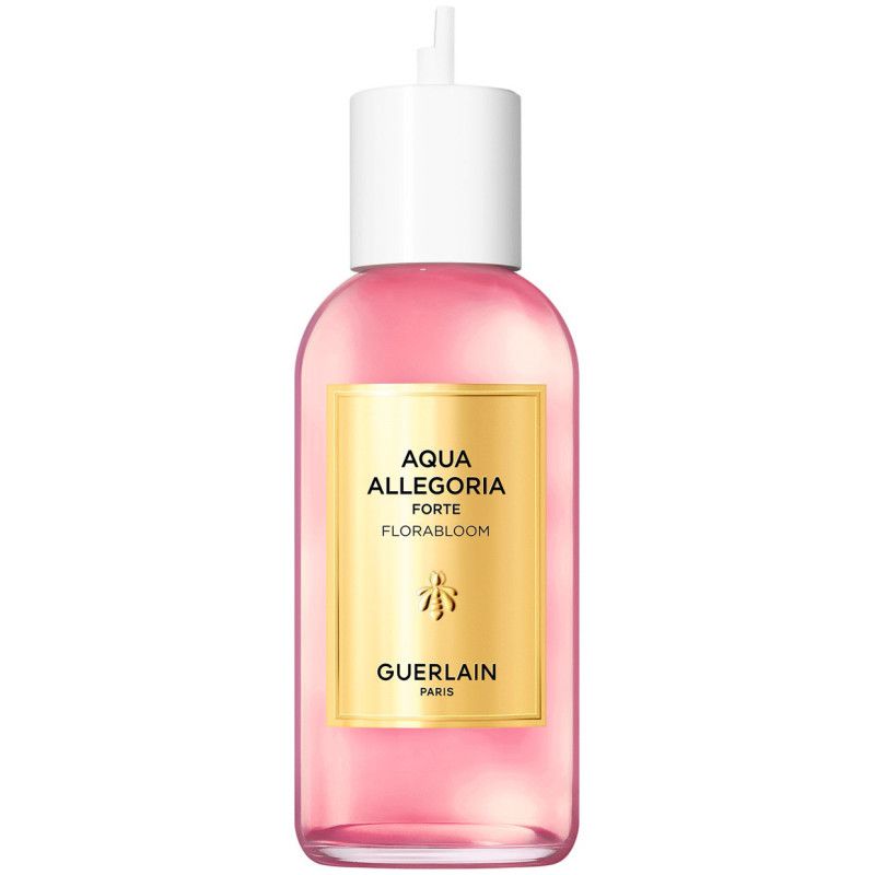 Guerlain Aqua Allegoria Forte Florabloom Eau de Parfum fles met roze vloeistof en goudkleurig etiket.