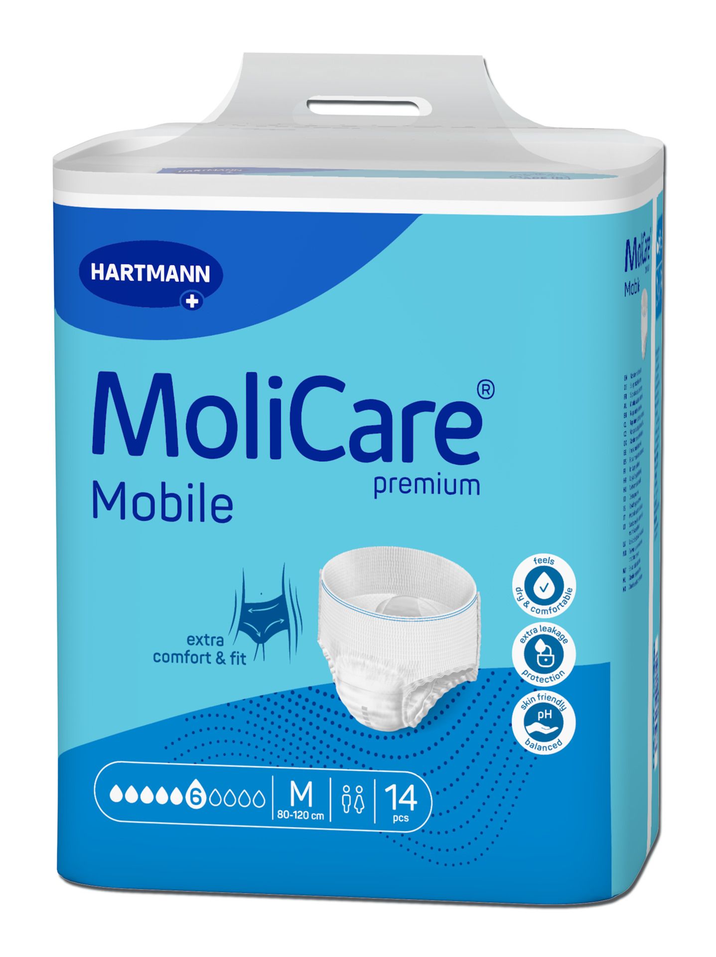 Verpakking MoliCare Mobile Premium. Blauwe verpakking met productafbeelding. Bevat 14 stuks. Maat M, 80-120 cm. Merk Hartmann.
