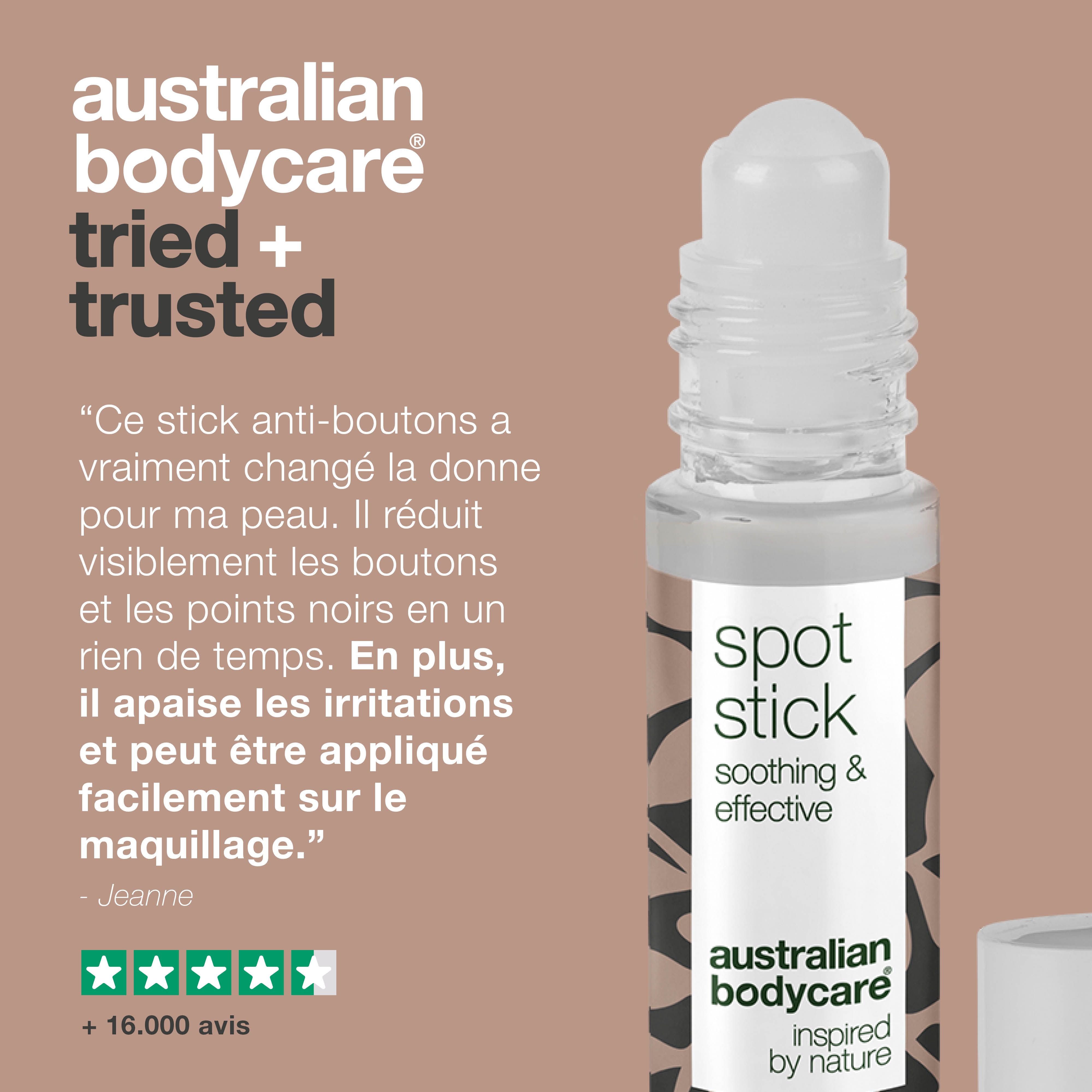 Plusieurs personnes avec des produits. Inscription : Australian Bodycare, Skincare since 1990. +100.000 Happy Customers.