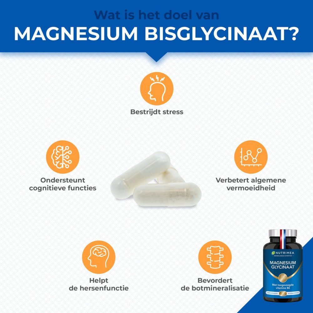 Infographic. Voordelen van magnesiumbisglycinaat: stress, cognitieve functies, vermoeidheid, etc. Capsules.