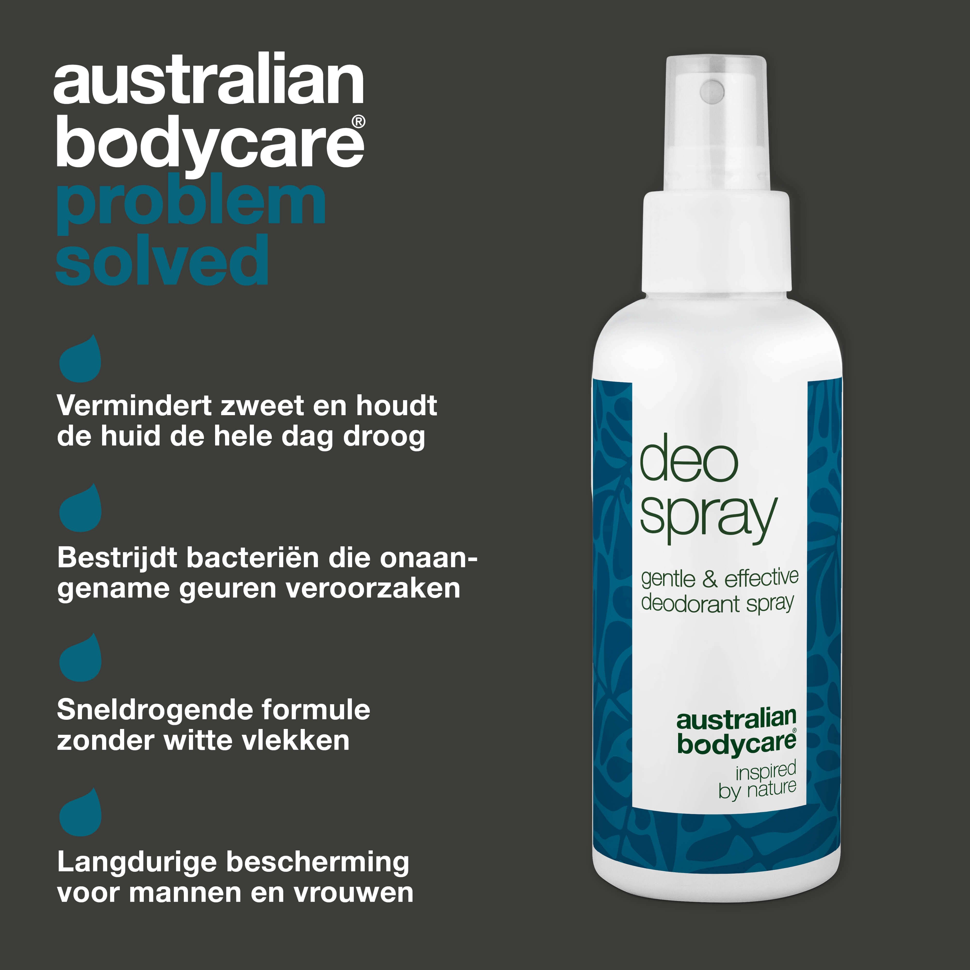 Witte deodorant spray fles. Tekst: Deo Spray, Australian Bodycare. Vermindert zweten, droge huid.