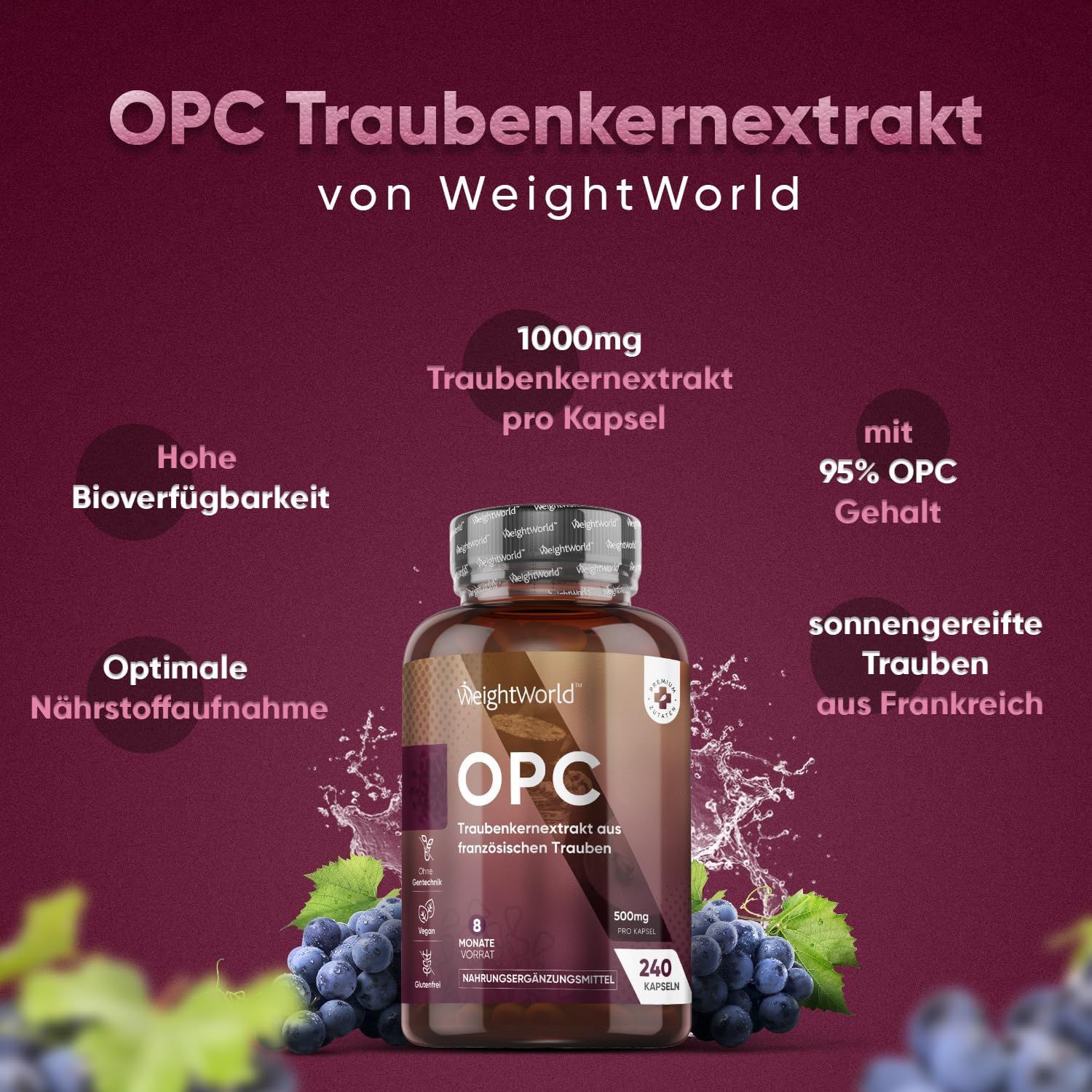 Image du produit avec flacon d'extrait de pépins de raisin OPC. Texte : 1000mg par gélule, 95% de teneur en OPC, raisins de France.