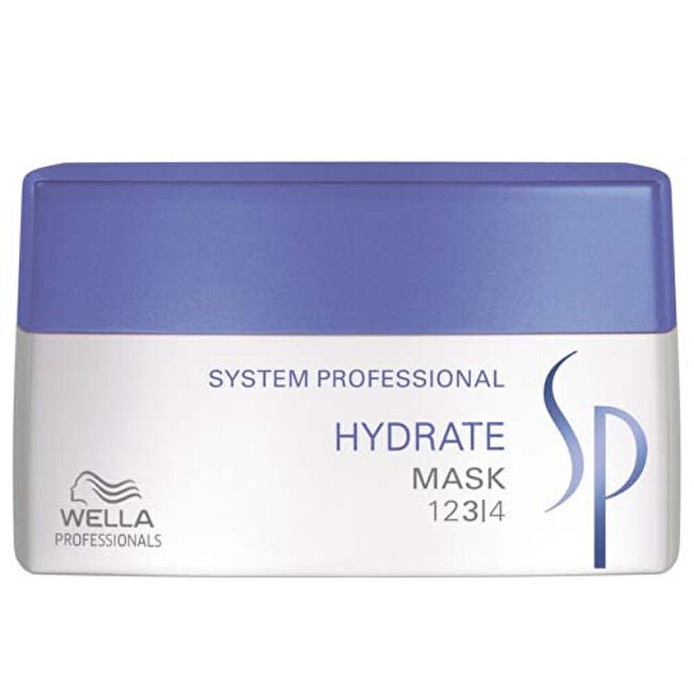 Wit en blauw potje met opschrift "Hydrate Maske". Merk: Wella SP. Bevat tekst in het Duits, Engels, Frans en Italiaans.