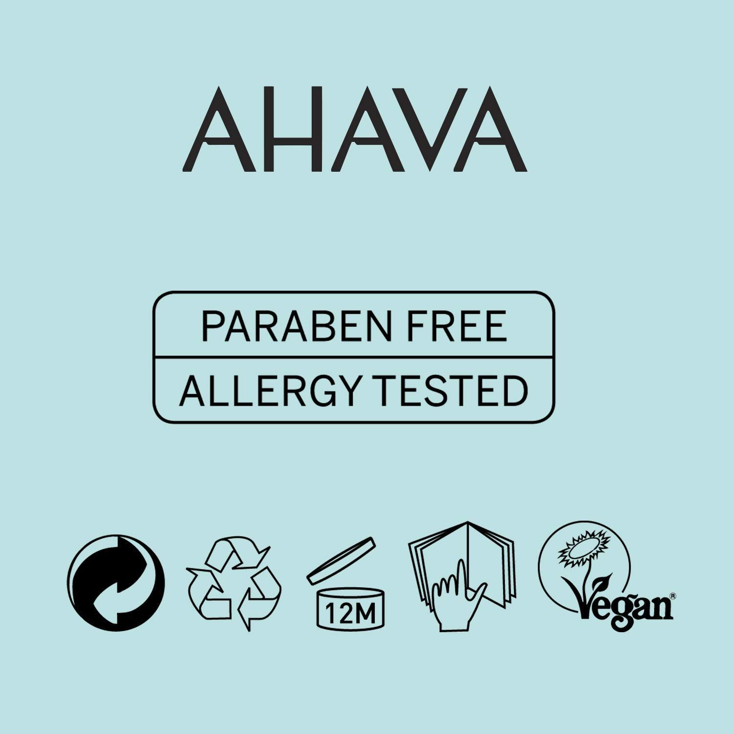 Ahava logo, "Parabenenvrij", "Allergie getest", recycling- en vegan-symbolen.
