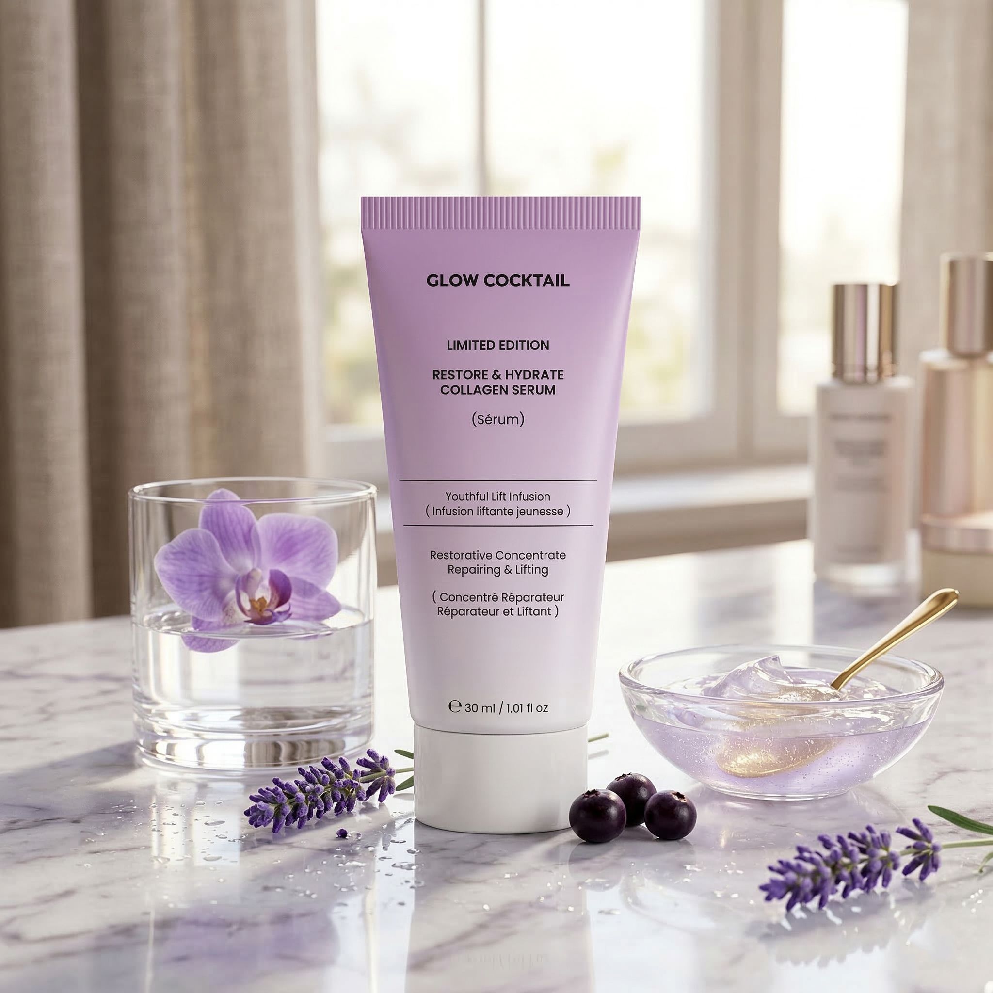 Een lichtpaarse tube met de tekst "Glow Cocktail Restore & Hydrate Collagen Serum", omringd door lavendel en een orchidee.