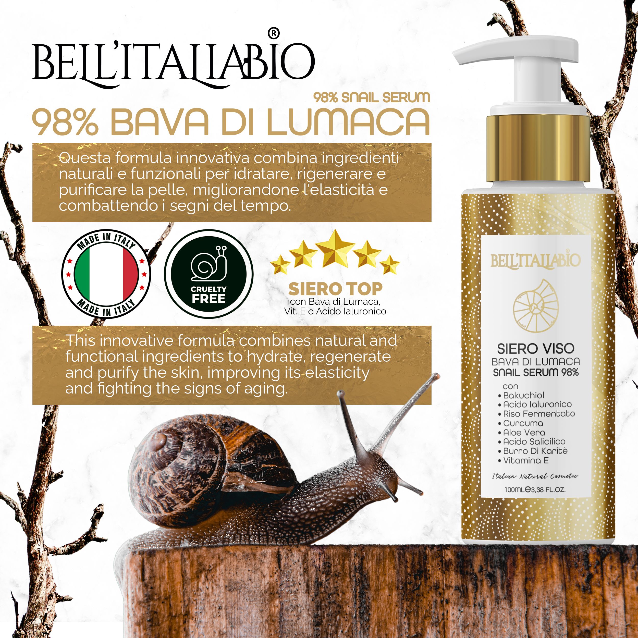 Gezichtsserumfles met pomp. Gouden details. Tekst: Siero Viso Bava di Lumaca Snail Serum 98%. Slak en stuk hout op de achtergrond.