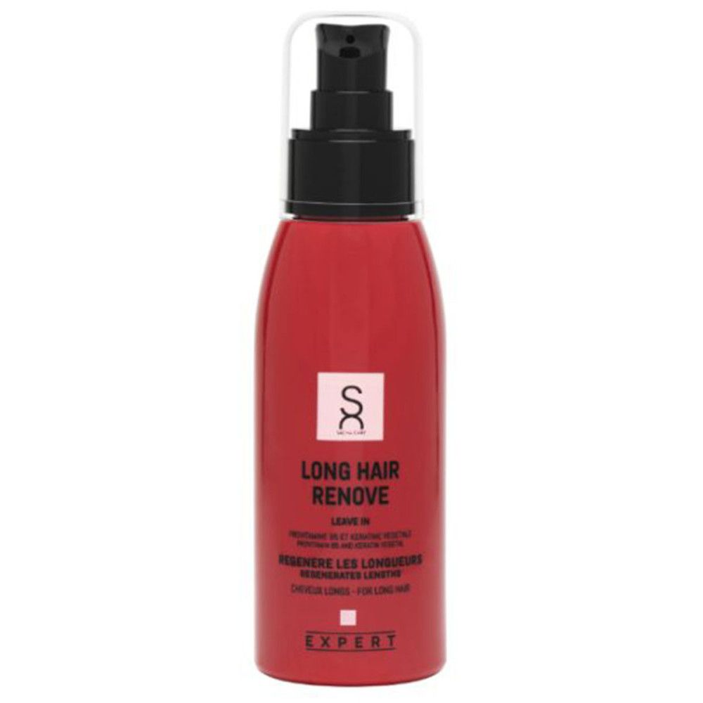 Flacon rouge avec pompe noire. Inscription: Long Hair Remove, Leave In, Expert. Logo: Sacha Care.