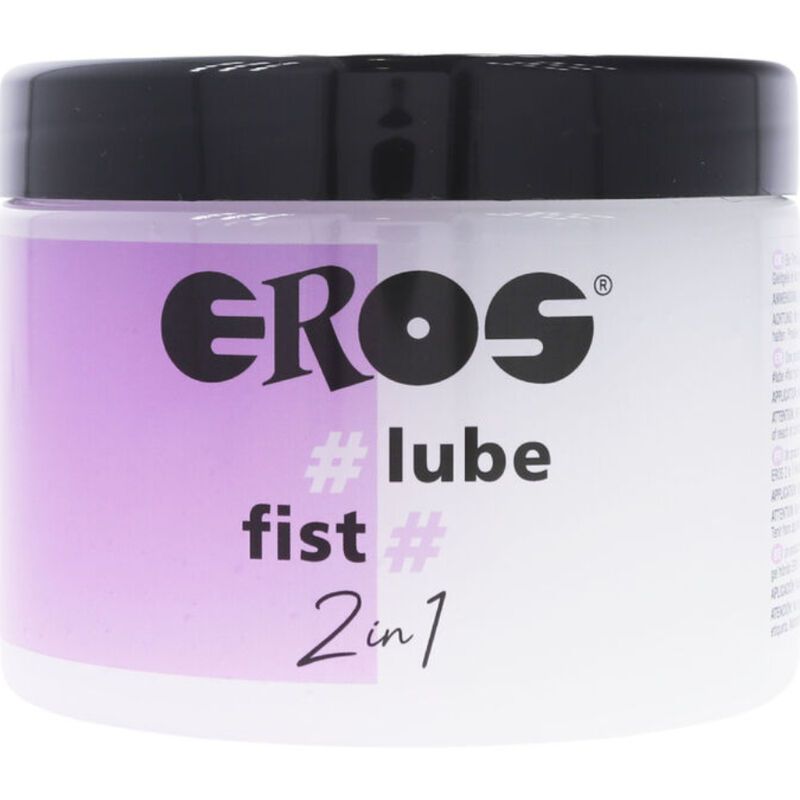 Récipient avec couvercle noir. L'étiquette indique EROS, #lube, fist # et 2in1. Fond violet.