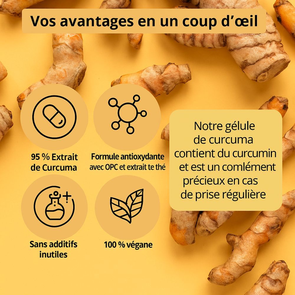 Graphique avec quatre cercles et morceaux de curcuma. Textes : 95% extrait, formule antioxydante, sans additifs, 100% végétalien.