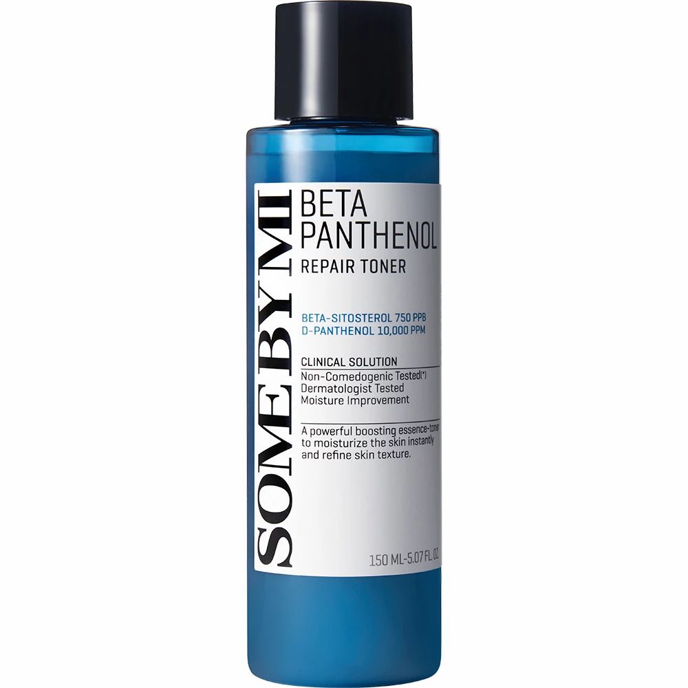 Bouteille bleue avec bouchon noir. Inscription: Beta Panthenol Repair Toner. Marque: SOME BY MI. Volume: 150 ml.