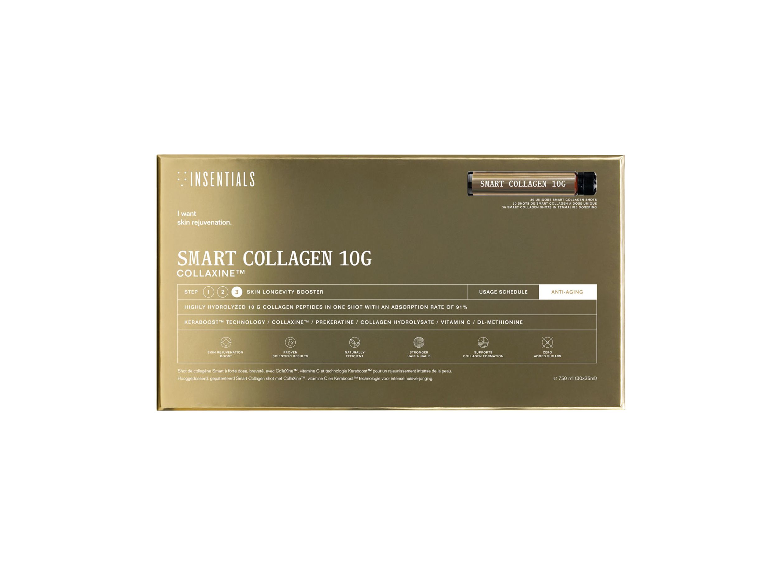 Gouden verpakking met een enkele Smart Collagen 10g ampul, toont productvoordelen en iconen.