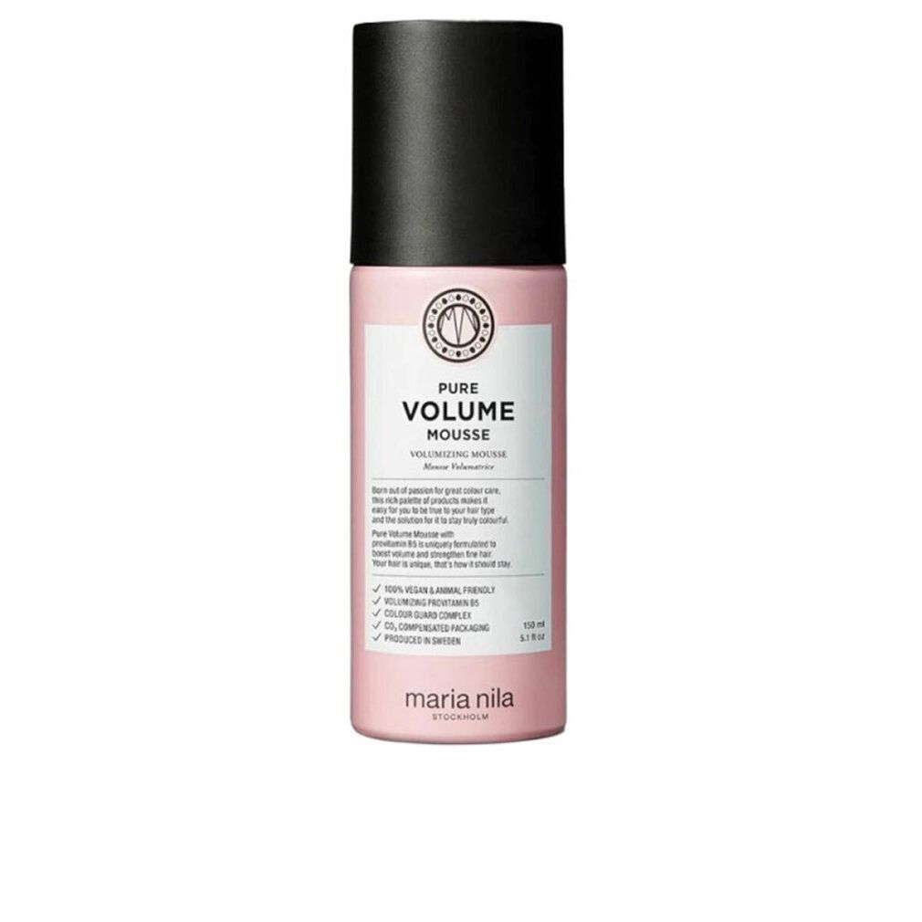 Flacon rose avec bouchon noir. Étiquette avec texte: Pure Volume Mousse. Marque: Maria Nila. Vegan et sans cruauté.