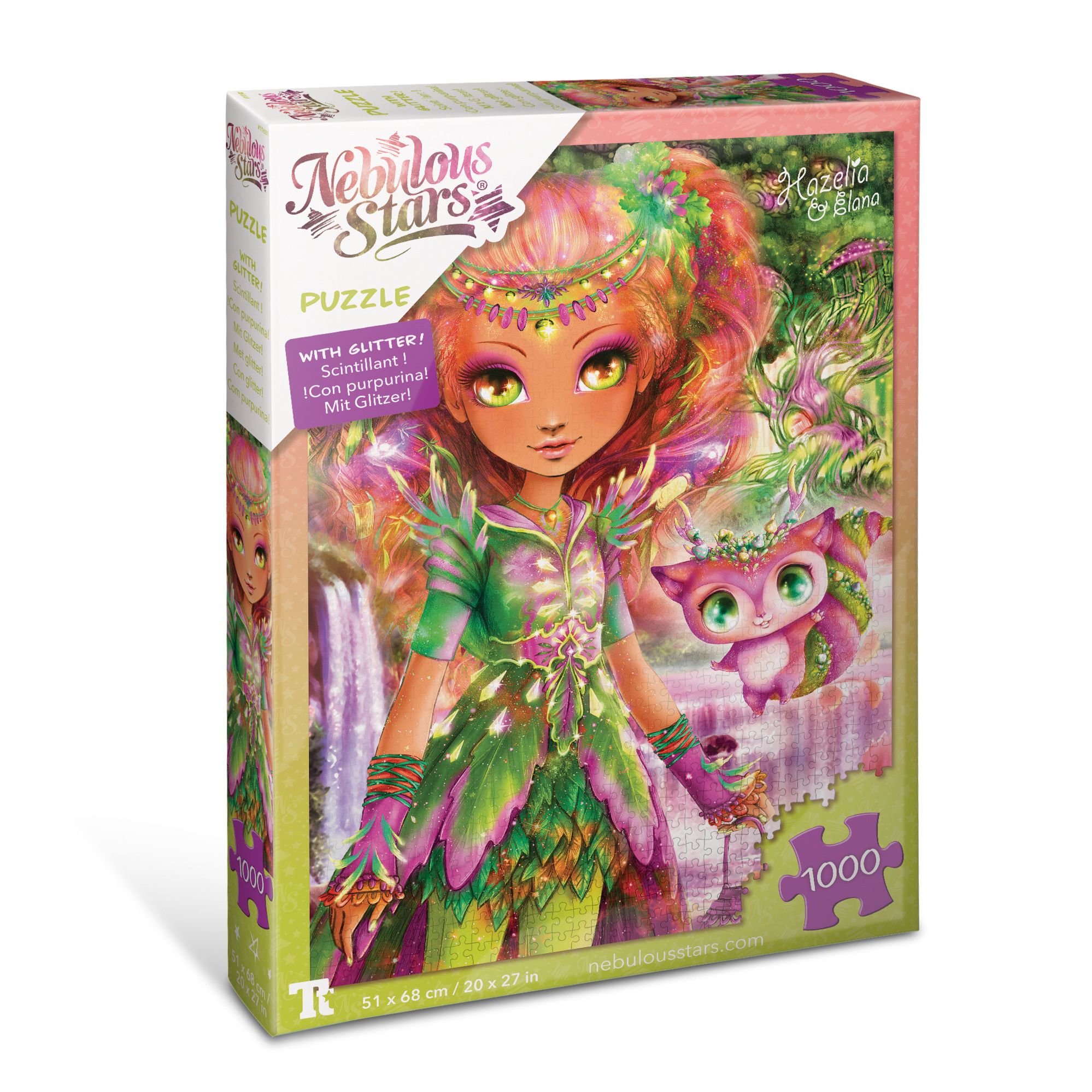 Puzzledoos met Hazelia-illustratie. Nebulous Stars-logo, 1000 stukjes. Afmetingen: 51 x 68 cm. Met glitter.