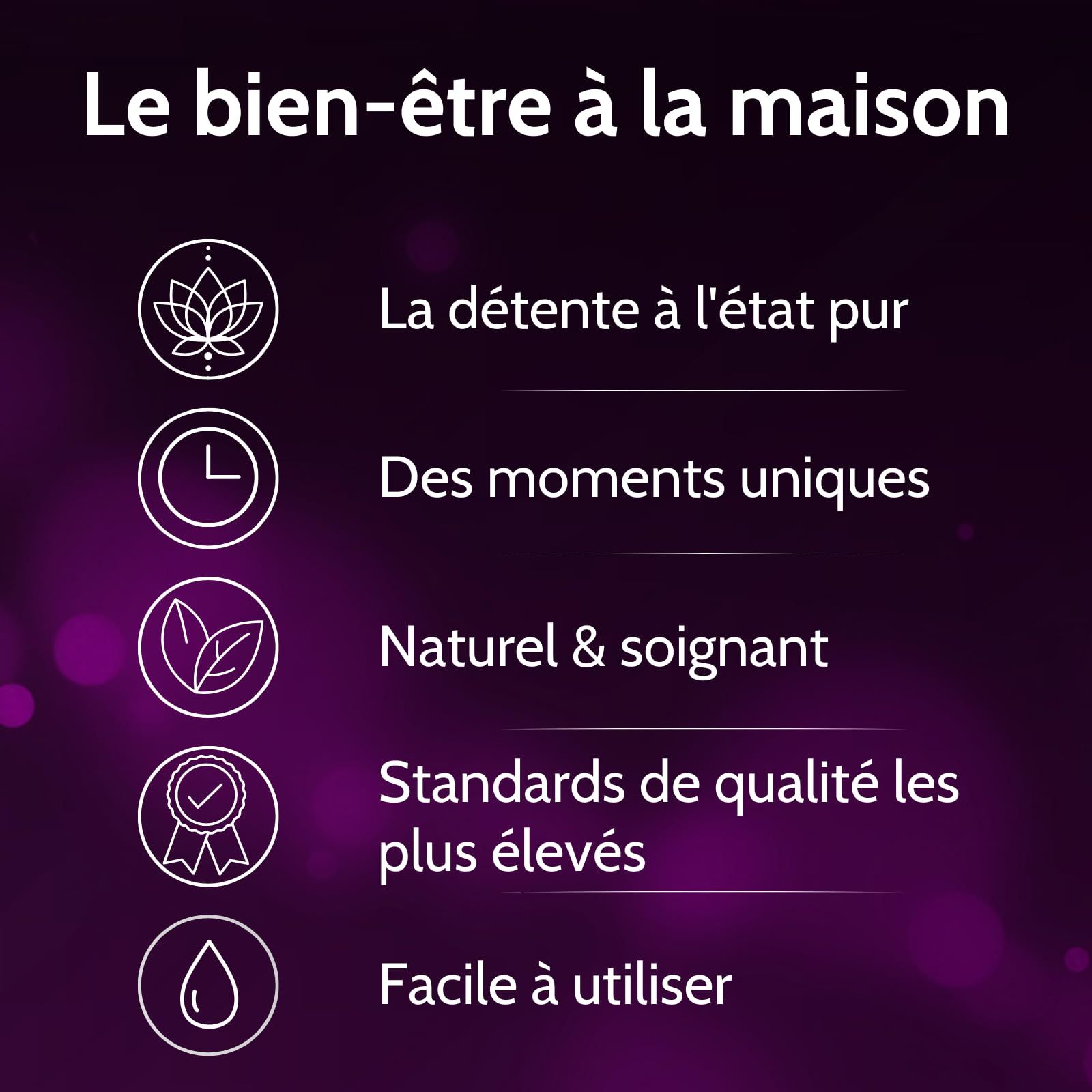Graphique avec icônes: Lotus, horloge, feuilles, médaille, goutte. Texte: Le bien-être à la maison, La détente à l'état pur, Moments uniques, Naturel & soignant, Standards de qualité les plus élevés, Facile à utiliser.