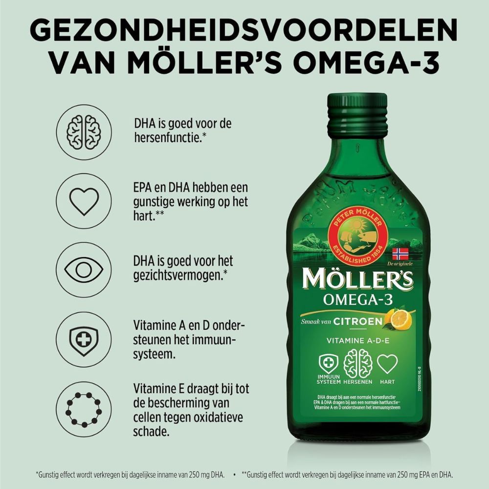 Möller's Omega-3 Citroen fles. Voordelen en informatie. Onderscheiding. Druppel olie. Met vitaminen A, D en E.
