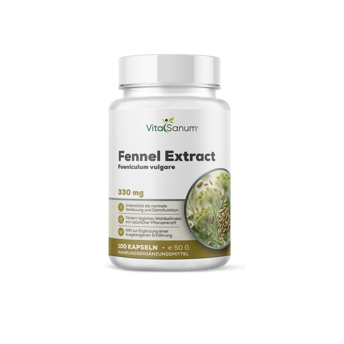 VitaSanum Venkel Extract Capsules: Witte container met etiket waarop venkel staat. 100 capsules, 330 mg.