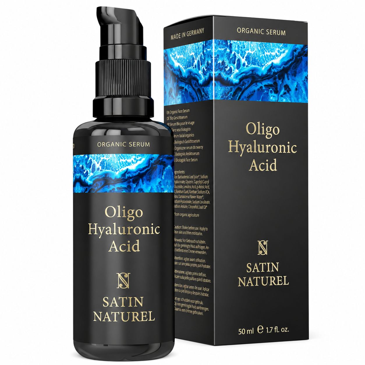Flesje en verpakking van Satin Naturel Hyaluronic Acid Serum, Made in Germany.