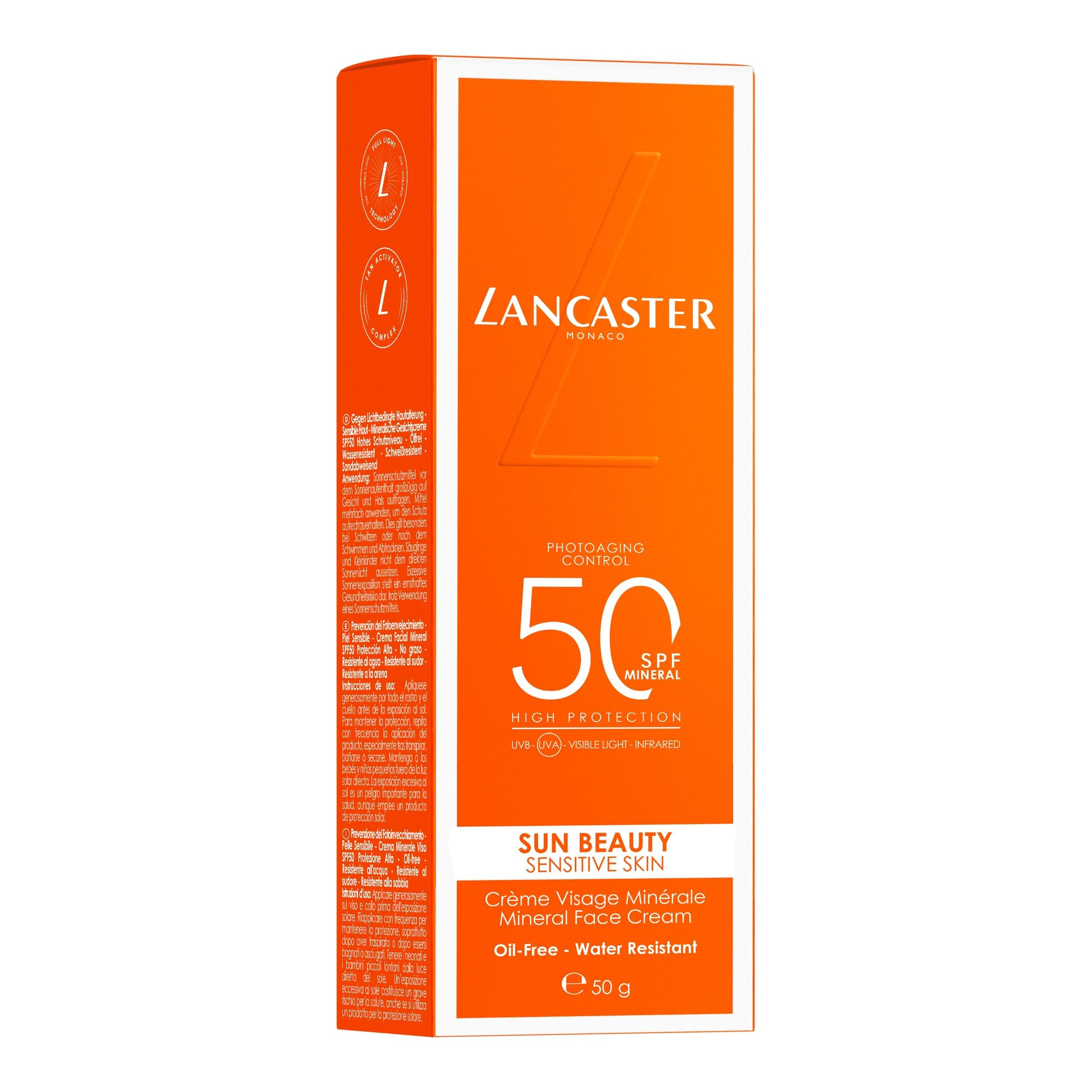 Emballage de crème solaire Lancaster, SPF 50, minéral.