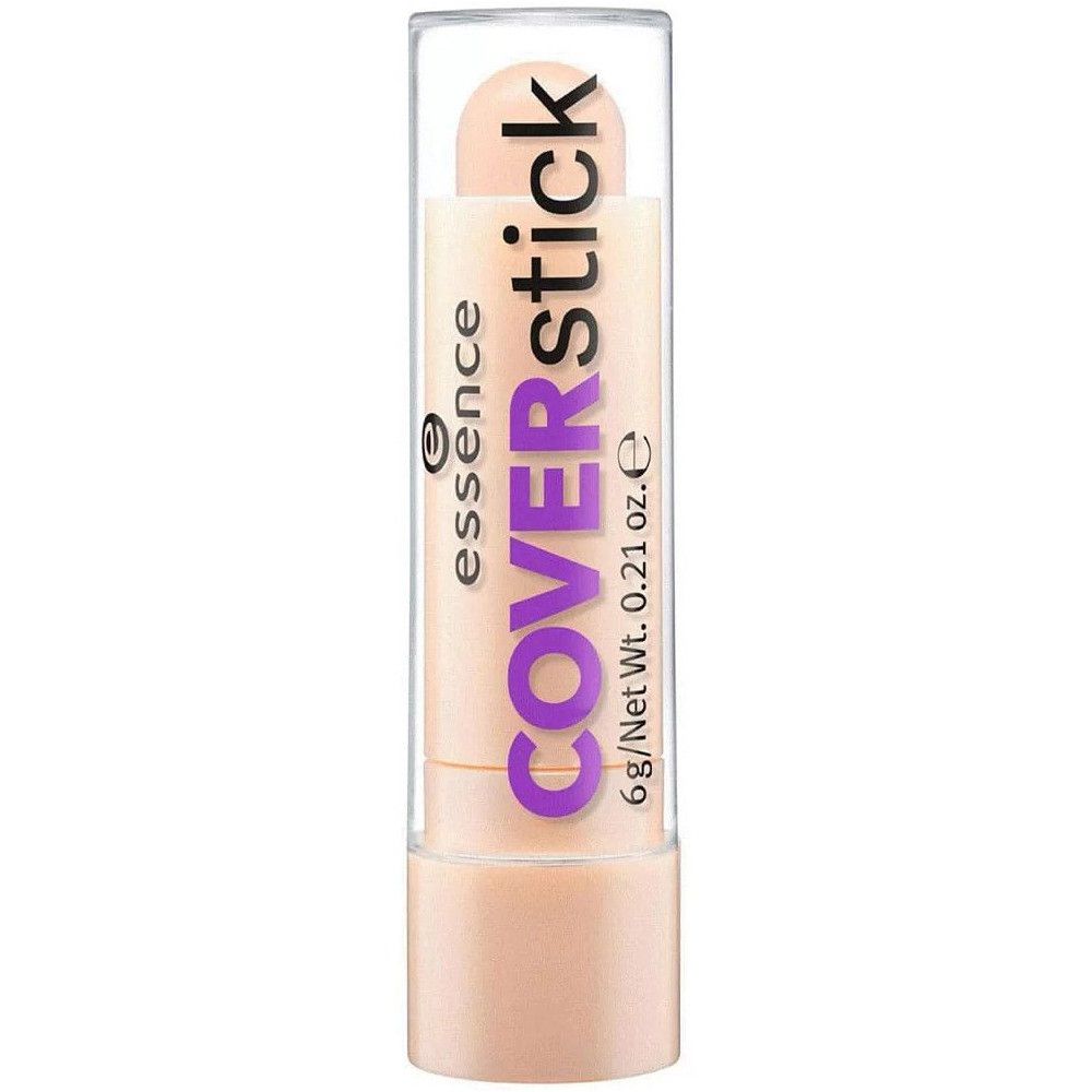 Correcteur Coverstick Essence. Tube beige avec inscription violette Coverstick. Capuchon transparent. Informations produit : 6 g/Net Wt. 0.21 oz.e.