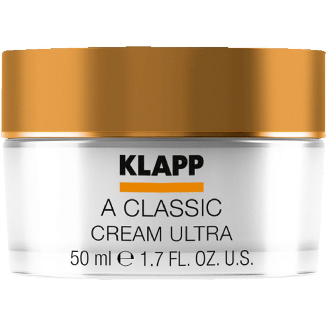 Crèmepot met gouden deksel. Opschrift: KLAPP, A Classic CREAM ULTRA, 50 ml.