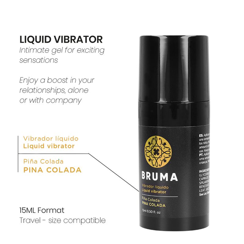 Zwarte fles Bruma vloeibare vibrator, 15ml, met druppelaar-dispenser en etiket.