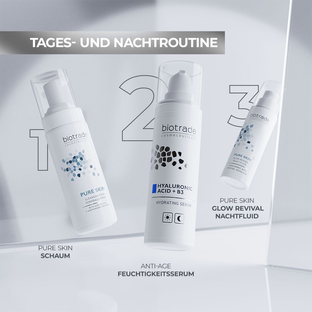 Trois produits: mousse nettoyante, sérum et fluide de nuit. Texte: Sérum hydratant anti-âge. Sérum: Acide Hyaluronique + B3, Hydrating Serum.