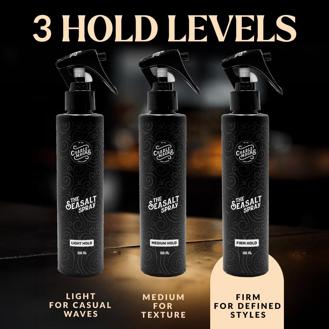 Trois flacons Charles Magnus The Seasalt Spray : léger, moyen et ferme pour différents styles.