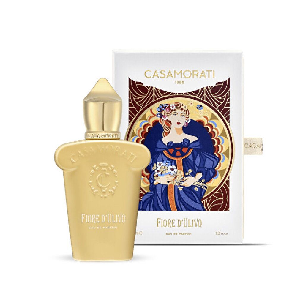 Flacon de parfum et emballage. Flacon doré avec bouchon doré. Emballage avec illustration de femme et nom du produit.