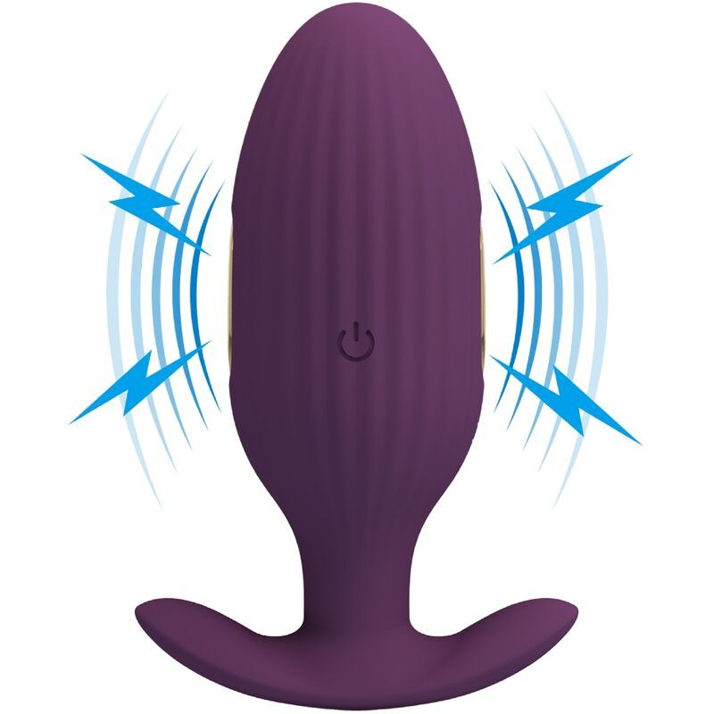 Paarse geribbelde anale plug met vibratiesymbolen.