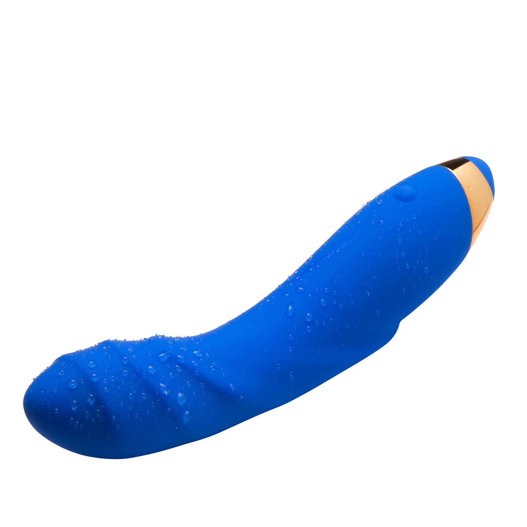 Vibrateur bleu avec gouttes d'eau et surface côtelée, embout doré.