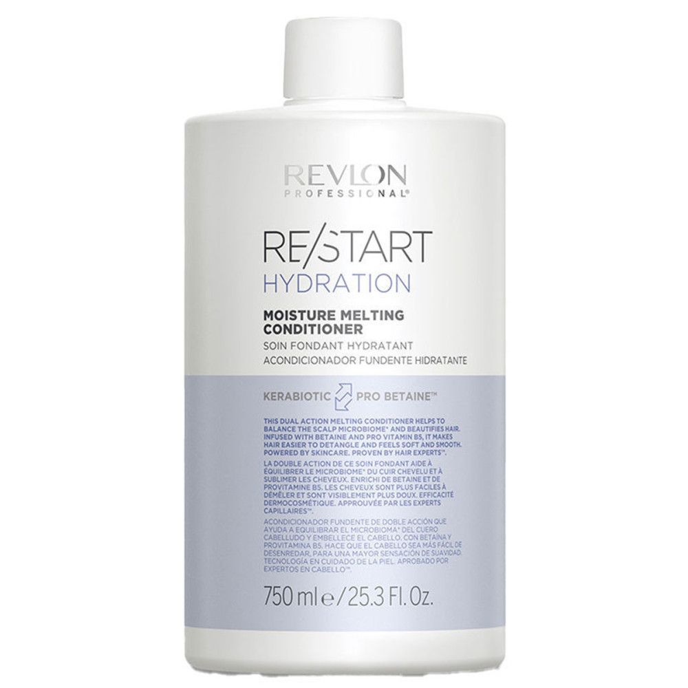 Witte conditionerfles. Opschrift: Revlon Professional, Re-Start Hydration, Moisture Melting Conditioner. Inhoud: 750 ml.