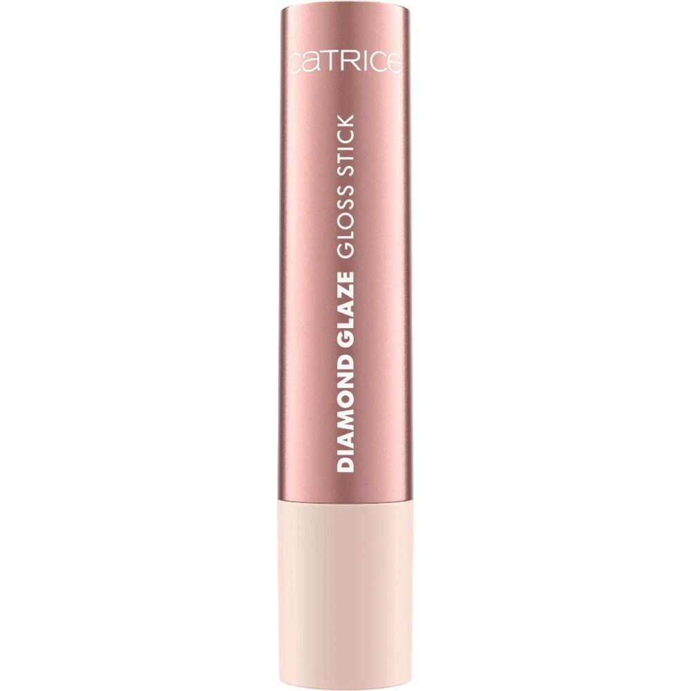 Catrice Diamond Glaze Gloss Stick. Roze lipstick met roségouden huls. Dop met tekst.
